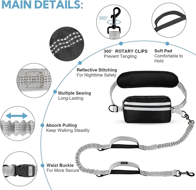 Hands Free Dog Leash with Pouch, Retractable Bungee with Double Padded Handles, Dog Leashes with Bungee for Medium & Large Puppy