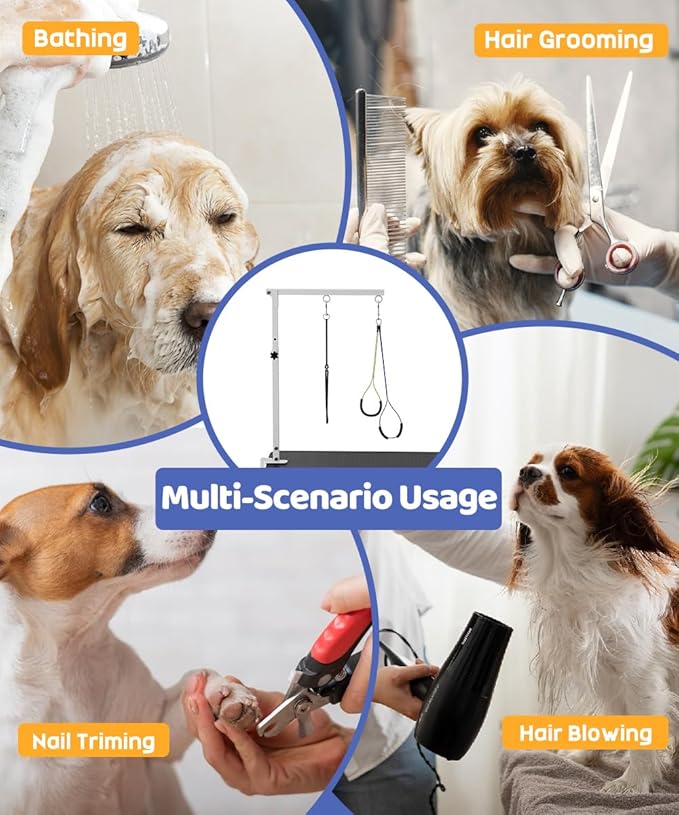 Artibear Dog Grooming Arm with Clamp for Small Dog, Adjustable Height to 33in, Pet Grooming Arm for Table with 1 Loop Noose & 2 No Sit Haunch Holder for Home & Store Nail Trimming (Table Not Include)