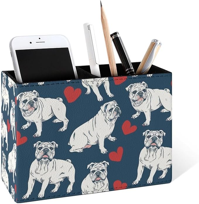 Famame English Bulldog with Hearts Pencil Holder for Desk, Leather Desktop Container Pen Cup Storage Study Table Pen Organizer Makeup Brush Holder for Classroom Office Home
