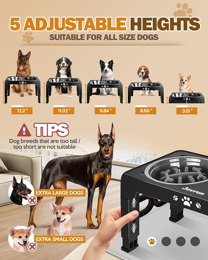 Jovrun Elevated Dog Bowls, Dog Feeder with Stainless Steel Dishes & Slow Feeder Bowl, 5 Heights Adjustable Raised Stand for Medium Large, Food Dishes with Non-Slip Feet
