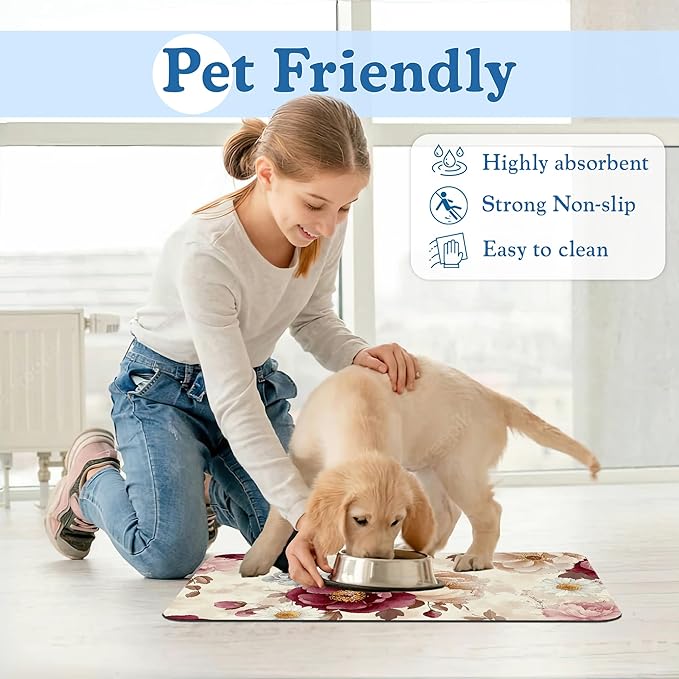 Vintage Floral Rose Pet Feeding Mat–Christmas Stocking Quick Dry Absorbent Dog Cat Food Mat, Non Slip Waterproof Bowl Placemat for Messy Eaters, Pet Accessories for Floors 12"x20"