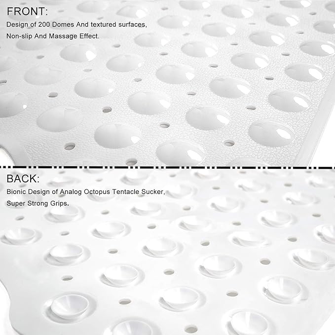 Bath Tub and Shower Mats, Non-Slip 39 x 16 Inch Extra Long Bathtub Mat, Machine Washable BathMat with Drain Holes, Suction Cups for Bathroom (Opaque White)