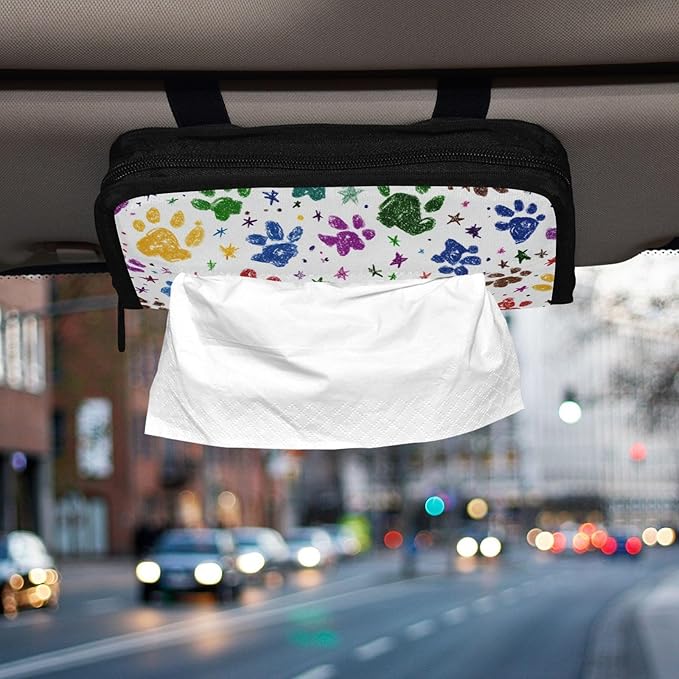Car Tissue Holder Car Napkin Holder Car Tissue Box Dispenser Storage Case Sun Visor Mask Holder with Adjustable Straps Reusable Refillable Paw Prints and Stars