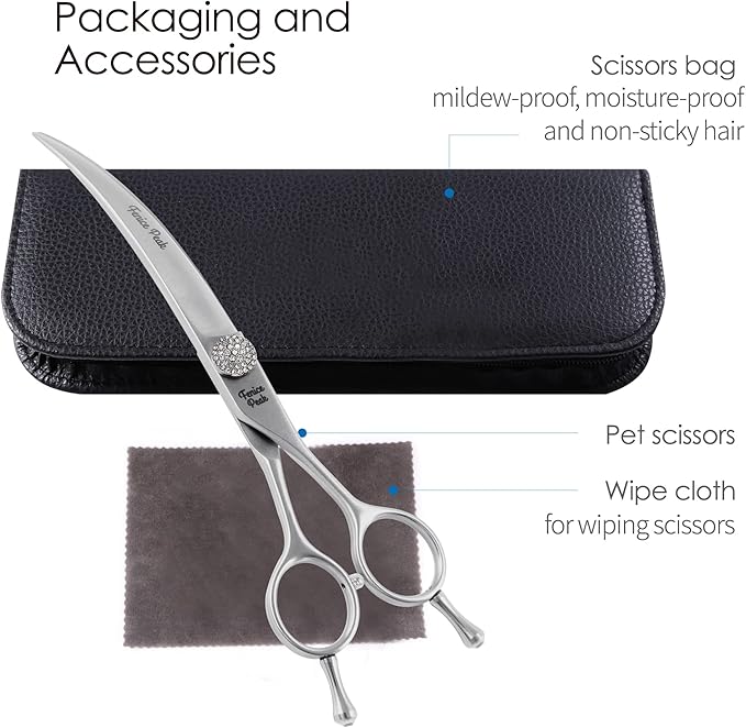 Fenice Peak Curved Dog Grooming Scissors with Jewelled Screw 440C Stainless Steel Pet Grooming Bending Scissors with Symmetrical Handle and Decorative Tail Nails Professional Groomer and Home User