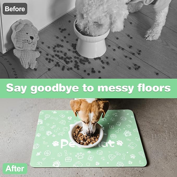 Pet Feeding Mat,Dog Cat Mat for Food and Water,Dog Bowl Waterproof Placemat with Rubber Backing,Absorbent Quick Dry Water Dispenser Mat for Pet（Green 16"×24"）