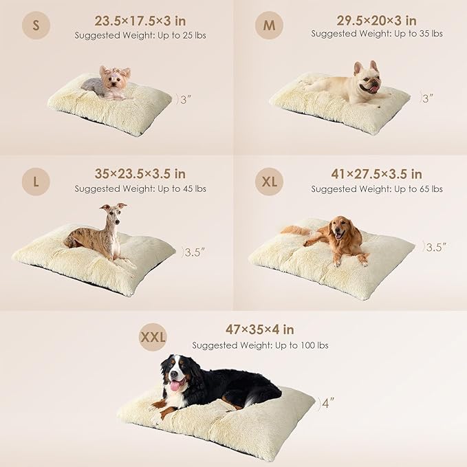 EHEYCIGA Fluffy Dog Crate Bed for Extra Large Dogs, Plush Faux Fur Crate Pad, Calming Anti Anxiety XL Dog Bed, Washable Soft Warm Mat with Non-Slip Bottom, Ivory Beige