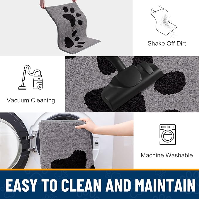 Smiry Dog Door Mat for Muddy Paws, Absorbs Moisture and Dirt, Low-Profile Entryway Mat with Non-Slip Backing, Entry Indoor Outdoor Doormat for Inside Floor (30x20 Inches, Grey, Paw)