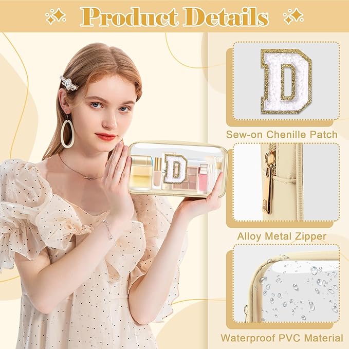 Personalized Initial Letter Clear Makeup Bag,Preppy Small Nylon&PVC Cosmetic Zipper Bag with Chenille Letter,Portable Beach Travel Skincare Toiletry Bag,Trendy Monogram Gift for Teen Girls Women,D