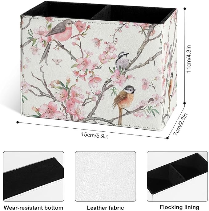 Famame Birds Peach Blossom Pencil Holder for Desk, Leather Desktop Container Pen Cup Storage Study Table Pen Organizer Makeup Brush Holder for Classroom Office Home