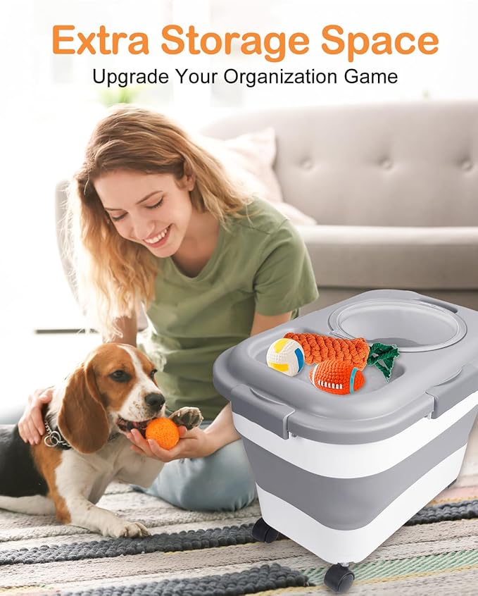 DDMOMMY 15-23 Lbs Dog Food Storage Container, Collapsible Dog Food Container with Airtight Lid, Wheels, Handle, Large Cat Food Storage Container with Scoop, Dog Bowl for Dog Cat