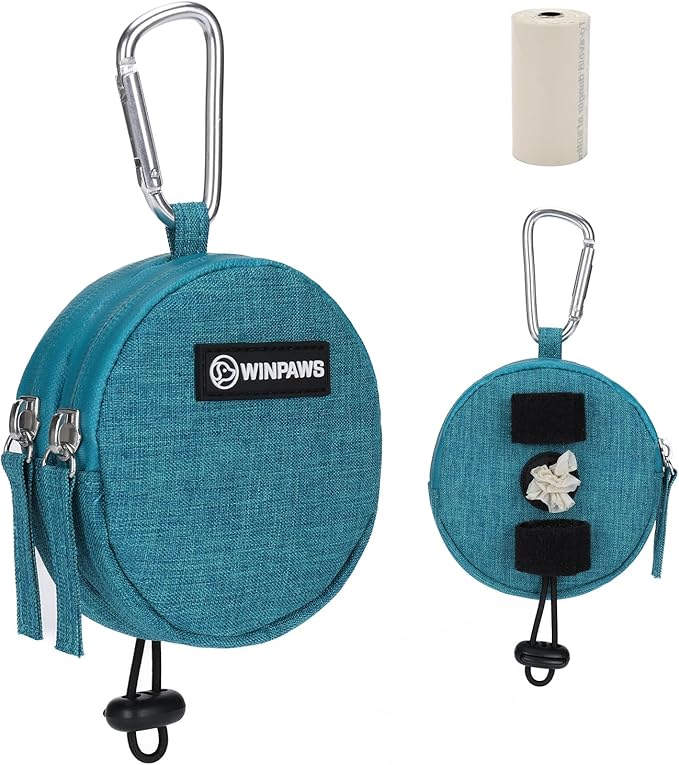Dog Poop Bag Holder for Leashes- Dog Treat Pouch with Waterproof Zipper,Puppy Training Small Bag with Carabiner & Bungee Toggle,Two Pockets for Dry or Wet Treats-Pet Travel Walking Essentials (Green)