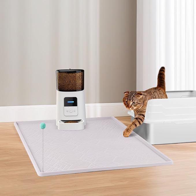 Bartuke Large Cat Litter Mat with Toy Ball, 34'' x 22'' Silicone Cat Litter Trapping Mat for Scatter Control, Soft on Kitty Paws, Easy to Clean (White)