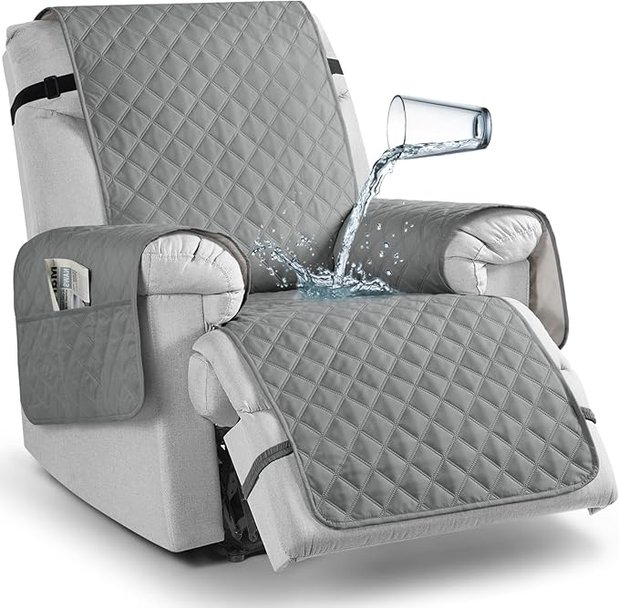 TAOCOCO 100% Waterproof Recliner Chair Cover Non-Slip Reclining Cover for Recliner Chair Washable Chair Seat Cover with Elastic Straps for Pets Sofa Slipcover with Pocket (Oversized 28'', Light Gray)