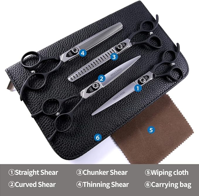 Fenice Peak 7.5'' Professional Dog Grooming Scissors Set with Black Non-Slip Handle 440C Stainless Steel Straight Thinning Curved Chunker Shears 4pcs Set for Pet Grooming Services