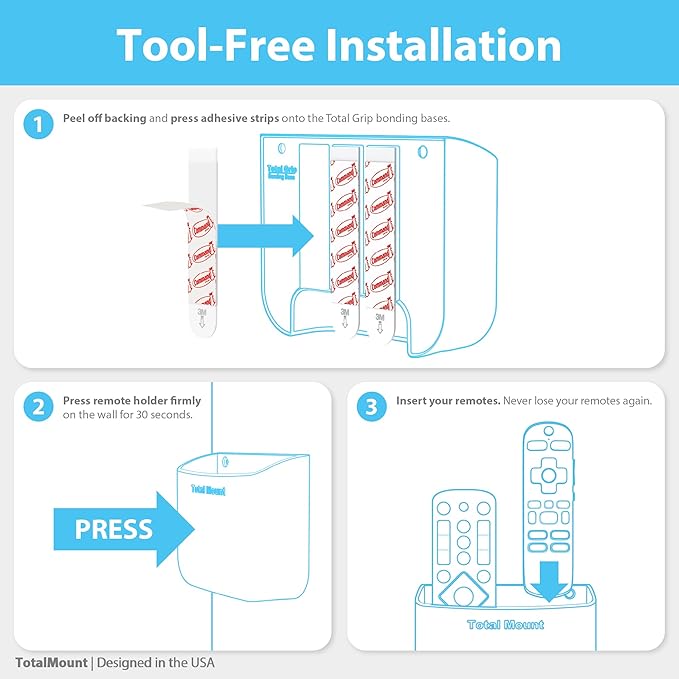 TotalMount Hole-Free Remote Holders – Eliminate Need to Drill Holes in Your Wall (For 2 or 3 Remote Controls – Black – Quantity 2)