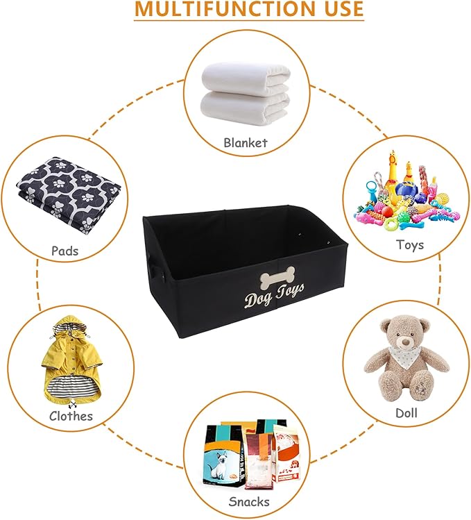 Large Dog Toy Basket Collapsible Dogs Toy Box Fabric Trapezoid Dog Toys Bin Storage for organizing pet Toys/Blankets/leashes/Rope Toys/Clothing-Can be Personalized-Black