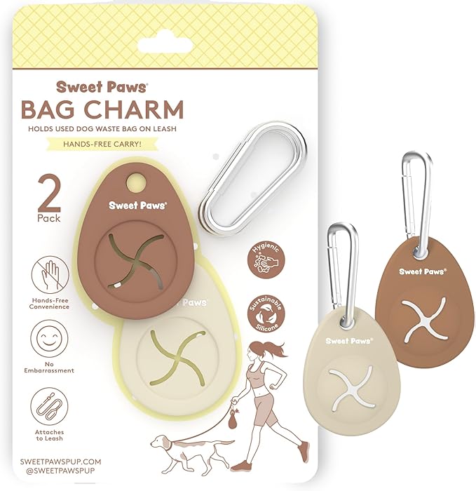 Dog Poop Bag Holder Charm Duo – Hands-Free Carry of Used Poop Bag, Durable Eco-Friendly Silicone Dog Walking Accessory with Carabiner Clip, Mocha & Crème Brûlée 2 charms included