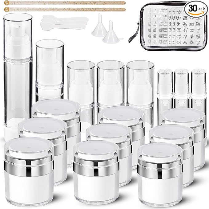 30 Pack TSA Approved Skincare Empty Travel Bottles, 1.7/1/0.7/0.34oz Refillable Travel Size Containers, Leak-Proof Toiletry Bottles for Skincare and Creams, Lotion, Eye Cream, Liquid, Foundation