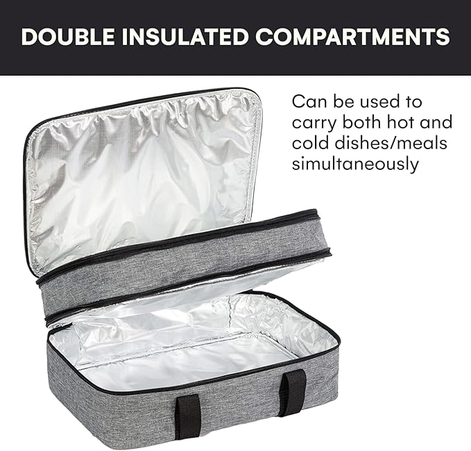 VP Home Large Casserole Carrier - Double Compartment Insulated Bag for Hot or Cold Food - Cupcake Carrier - Insulated Tote Bag with Lid for Travel Parties or Food Transport Containers - Heather Gray