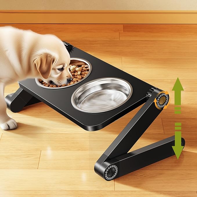 Elevated Dog Bowls, Adjustable Raised Dog Bowl Stand, Foldable Pet Bowls with Dual Stainless Steel Plates for Small to Medium Dogs and Cats,Pets -Black