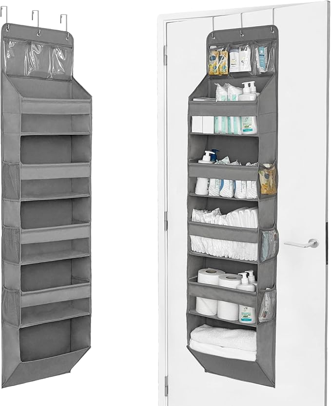 Over The Door Organizer Hanging with 5 Large & 6 Side Pockets 5 Tier Behind Door Storage 50 lbs for Closet, Nursery, Bathroom Door Organizer, 1 Pack, Grey