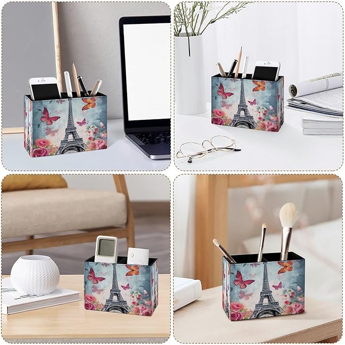 Famame Butterflies Eiffel Tower Flowers Pencil Holder for Desk, Leather Desktop Container Pen Cup Storage Study Table Pen Organizer Makeup Brush Holder for Classroom Office Home