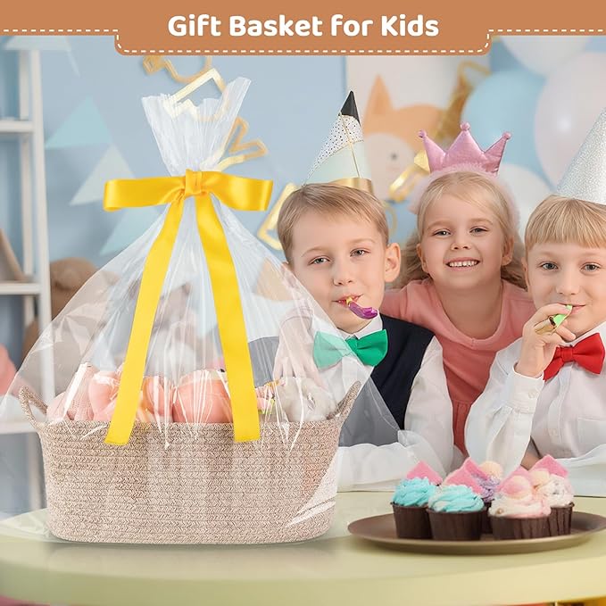 Large Empty Gift Baskets for Baby Shower, 16.5"L x 12.6"W x 7"H Cute Woven Storage Basket with Gift Bags and Ribbons, Small Rope Toy Basket with Handles, Cat Dog Pet Toy Organizer - Brown