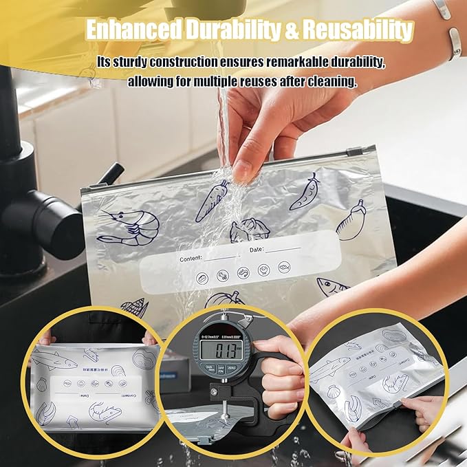 Reusable Aluminum Foil Sealable Storage Bags - Freezer Ziplock Bags - Foil Sealable Bags for Food, Vegetables, Fruit, Meat, Snacks, Bread, Seafood Preservation