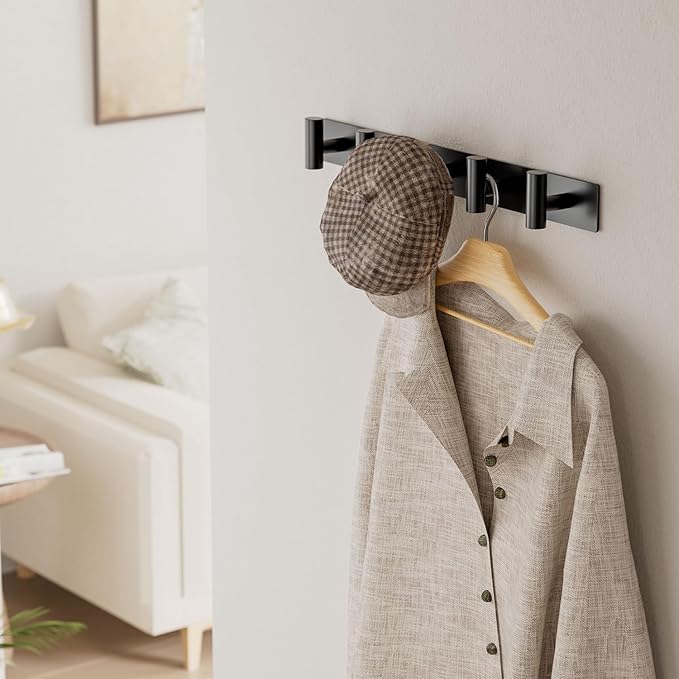 Black Wall Mounted Coat Rack – 5 T-Shaped Pegs for Hats, Bags & Towels, Heavy-Duty Metal Rail for Entryway, Bathroom, Closet, Bedroom (1 Pack)