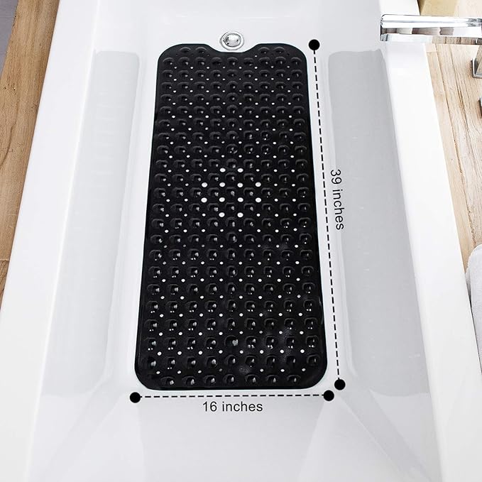 Bathtub Mats for Shower Tub, Extra Long Non-Slip 39 x 16 Inch Bath Mat with Drain Holes and Suction Cups, BathMat for Bathroom with Machine Washable (Opaque Black)