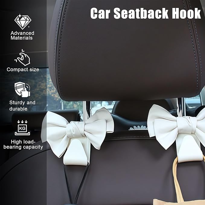 2 PCS Car Seat Headrest Hooks, Cute Bow Purse Hook Hanger for Car Headrest, Universal Leather Purse Holder for Umbrella, Storage Bag, Coat (Beige)
