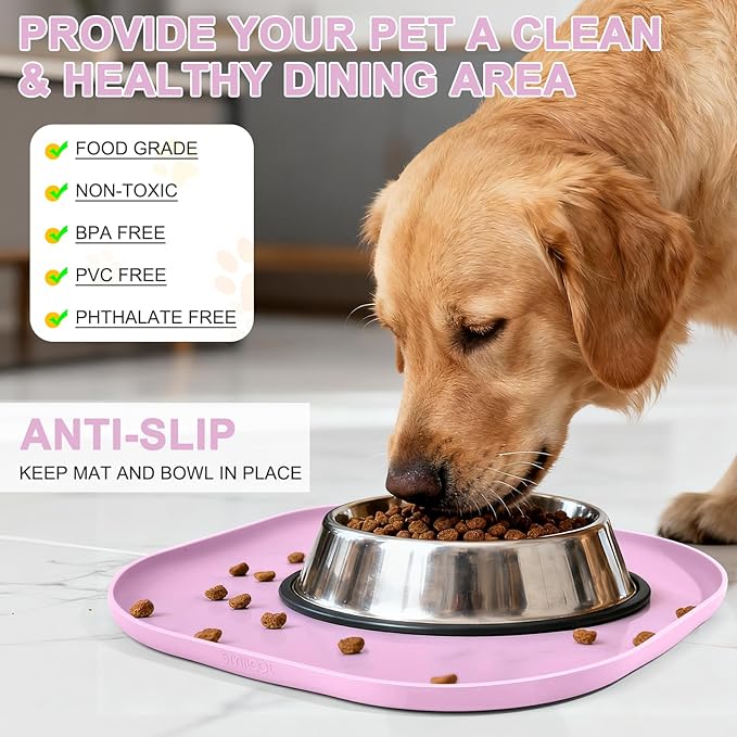 Small Silicone Pet Food Mat with Raised Edge for Food and Water Bowl, Square Dog Feeding Mats, Cat Food Trays for Floor Waterproof, Rubber Tray for Dogs and Cats, 12 x 12 x 0.7 Pink