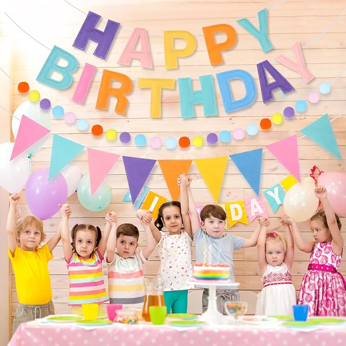 4 Strings Happy Birthday Felt Banner Decoration Pastel Birthday Sign Hanging Garland Reusable Bunting Banner Pom Pom Garland Backdrop Decor for Girls Boys Bday Party Supplies Wall Decor
