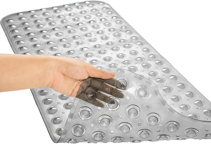 Bathtub Mats for Shower Tub, Extra Long Non-Slip 39 x 16 Inch Bath Mat with Drain Holes and Suction Cups, BathMat for Bathroom with Machine Washable (Clear Grey)