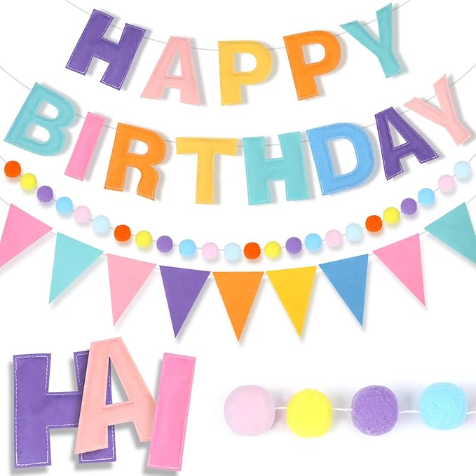 4 Strings Happy Birthday Felt Banner Decoration Pastel Birthday Sign Hanging Garland Reusable Bunting Banner Pom Pom Garland Backdrop Decor for Girls Boys Bday Party Supplies Wall Decor