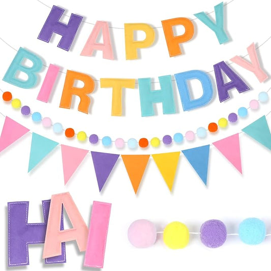 4 Strings Happy Birthday Felt Banner Decoration Pastel Birthday Sign Hanging Garland Reusable Bunting Banner Pom Pom Garland Backdrop Decor for Girls Boys Bday Party Supplies Wall Decor