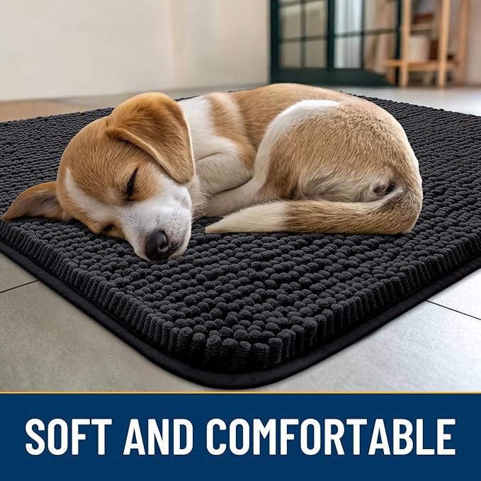 Smiry Dog Door Mat for Muddy Paws 44x32, Absorbs Moisture and Dirt Doormat, Non-Slip Washable Quick Dry Chenille Front Door Mat Indoor Entrance, Entryway Carpet for Inside Floor, Black