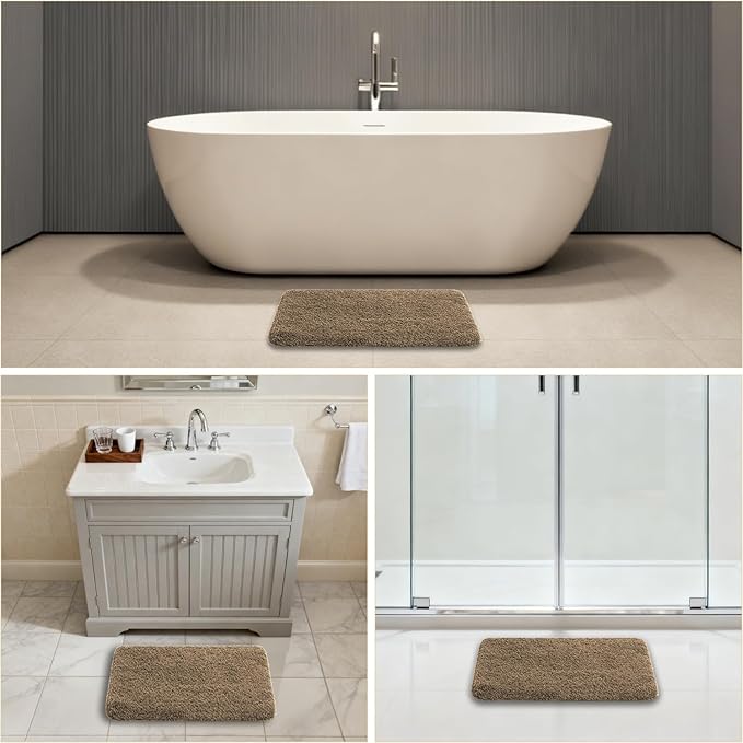 Light Brown Bathroom Rugs 17"x24" - High-Density Microfiber Bath Mat, Fluffy Non Slip Absorbent and Washable Bathroom Mat - Ideal for Small Spaces, Vanity, Toilet, or Pet Mat