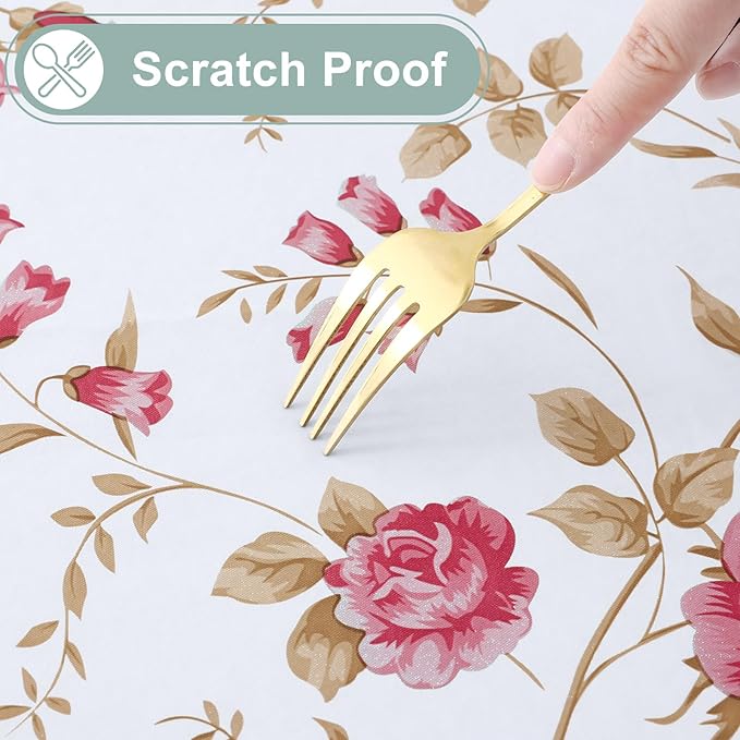 misaya Rectangle Waterproof Vinyl Table Cloth, Plastic Tablecloth with Flannel Backing, Wipeable Table Cover for Dinner, Picnic, Indoor and Outdoor (Pink Flowers, 60" x 102")