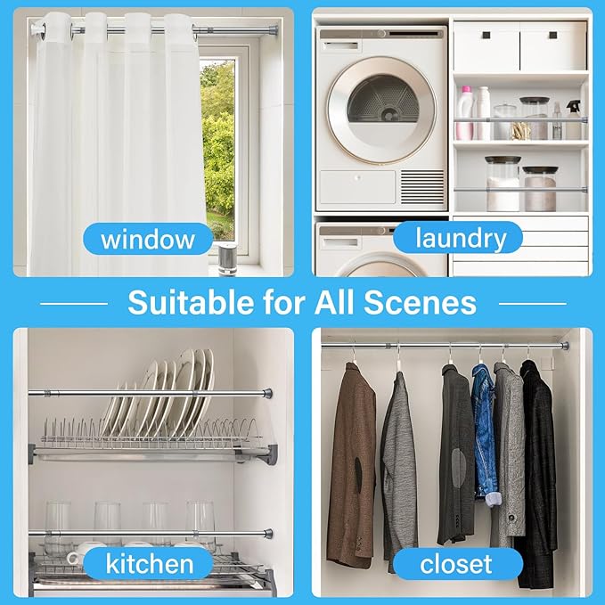 2pack Spring Tension Rods 23-46 Inch Adjustable Silver Tension Rod Extendable Short Curtain Rod Spring Loaded Curtain Rods Tension Rod For Curtains,Closet,Kitchen