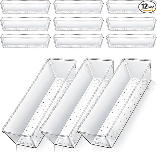 12 PCS Drawer Organizers Clear Plastic Vanity Drawer Dividers Kitchen Silverware Utensil Storage Desk Storage Tray for Bathroom Bedroom Office Makeup Jewelry 9 x 3 x 2 Inches