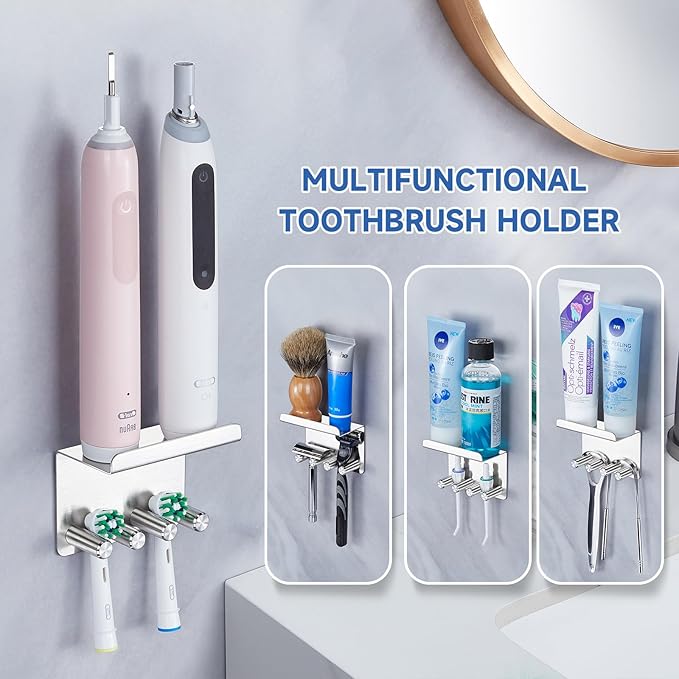 Toothbrush Holder Wall Mounted for Bathrooms, Stainless Steel Electric Toothbrush Head Holder, Self Adhesive Toothbrush and Toothpaste Organizer, Wall Tooth Brushing Razor Holder for Shower
