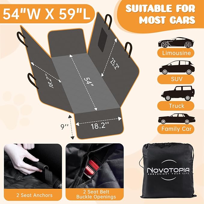 Dog Car Seat Cover for Back Seat 100% Waterproof, Long-Lasting and Soft Nonslip Backseat Dog Cover for Cars, SUVs and Trucks (Black, Standard (54" W x 59" L))