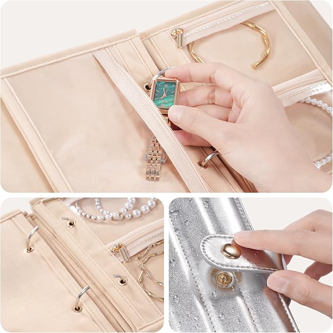 Lolalet Travel Jewelry Organizer Case, Portable Jewlery Storage Book Portfolio Binder with Zipper Velvet Pouch and Built-in Mirror for Women -Silver