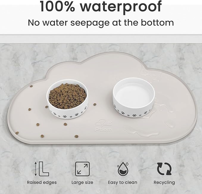 Ptlom Dog Food Mat Anti-Slip Dog Bowl Mats for Food and Water, Waterproof Pet Placemat Prevent Messy Spills to Floor, High-Lips Puppy Feeding Trays for Small Medium Large Dogs Cats, Silicone, Cream
