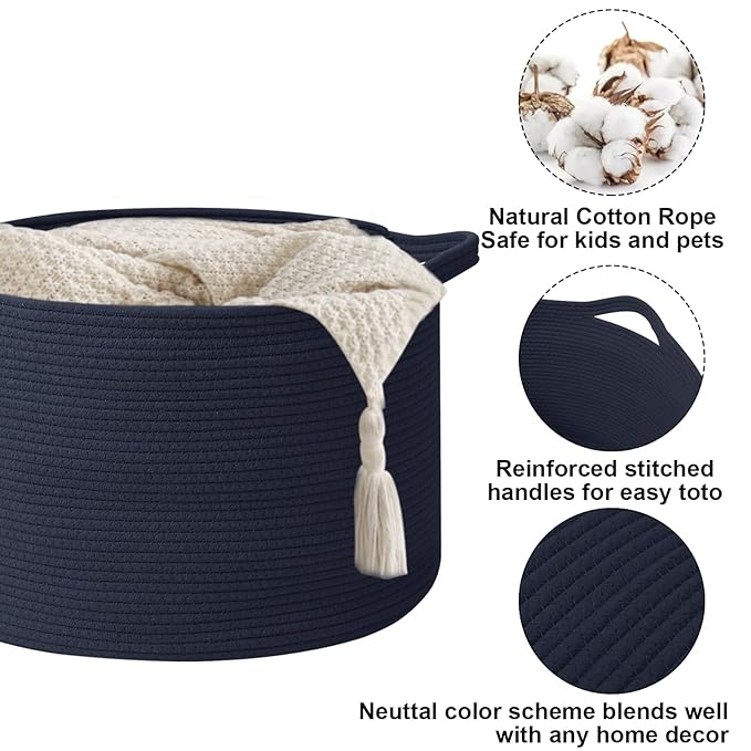 65L Extra Large Woven Cotton Rope Blanket Basket with Handles, Laundry Hamper Storage Bin for Pillows, Comforters,Clothes, Toys, Nursery, Bedroom and Living Room Organization,Dark Blue