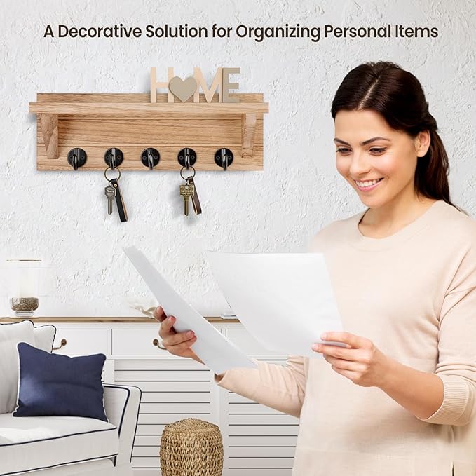 Wall Key Holder, Rustic Shelf with Hooks Made of Paulownia Wood Holds Keys, Dog Leash, Bags and More - 13.7" W x 4.7" H x 3.5" D Decorative Key Hanger and Entryway Shelf