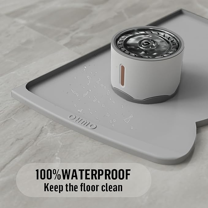 OHMO Dog Food Mat(Ash Light Grey, 24 * 15'') w/Residue Collection Pocket Silicone Pet Feeding Mat for Floor High Edges Anti Spills Waterproof Cat Water Bowl Tray, Easy Clean Placemat