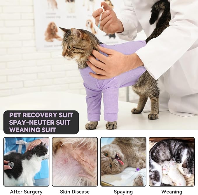 Cat Recovery Suit Male & Female Neuter, Cute Kitten Onesie for Cats After Surgery, Soft Fabric Cat Spay Clothes for Kittens, Kitten Surgical Pajamas for Girls, Cone Alternative Body Suit(Purple, S)