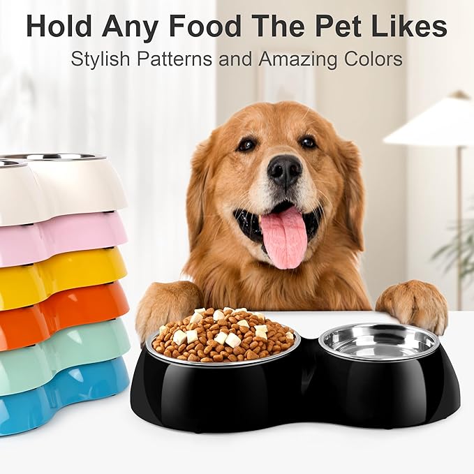 PetVillage Double Dog Bowls Set – Non-Slip Pet Food & Water Dishes with Resin Stand, Includes Small (1 Cup) & Medium (2 Cups) Bowls – Ideal for Puppies and Cats –Black